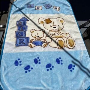 Blue Teddy Bear Baby Blanket with Paw Prints